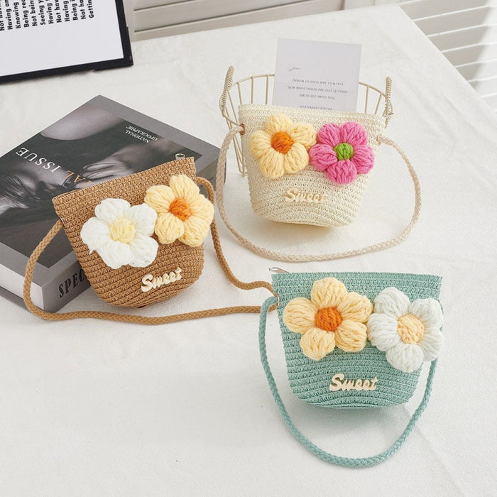 Wholesale Straw Woven Floral Crossbody Bag for Girls Cute Summer Purse
