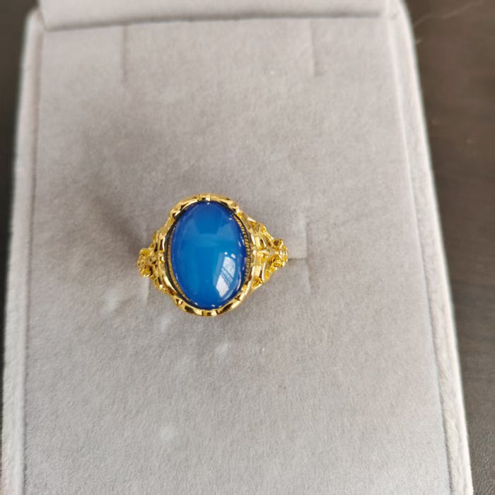 Wholesale Red agate green chalcedony sand gold ring, crown diamond ring, elegant temperament, retro open gemstone ring