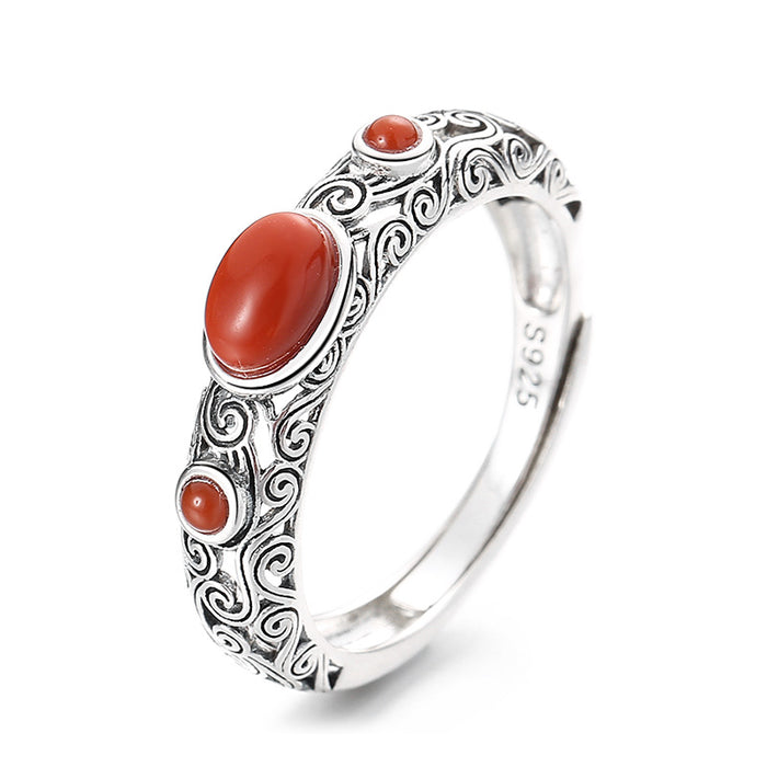 Wholesale Pure silver hollow inlaid agate ring, vintage artistic ring