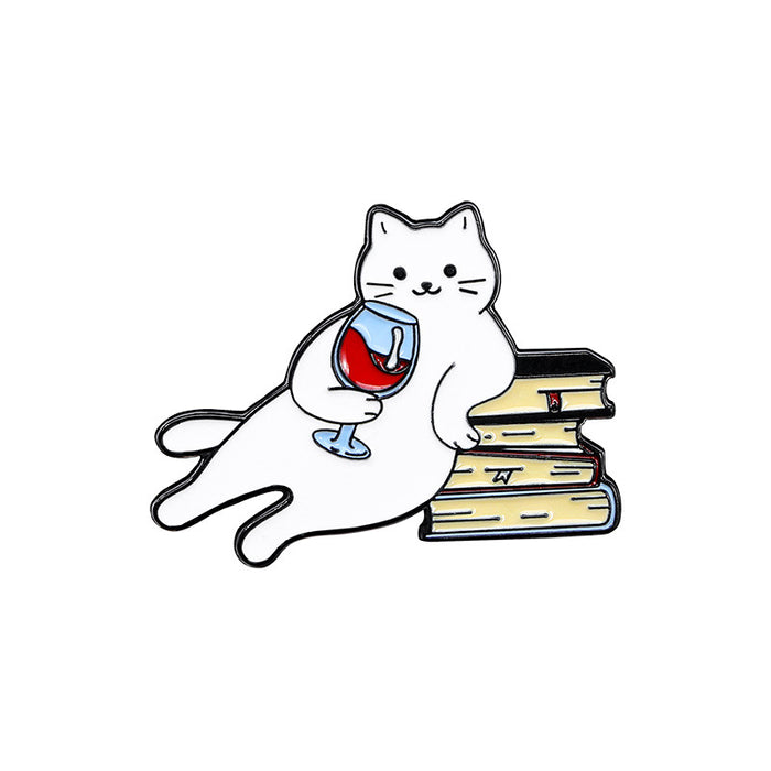 Wholesale Super cute cat cartoon badge personality cool white kitten drink red wine shape alloy enamel brooch