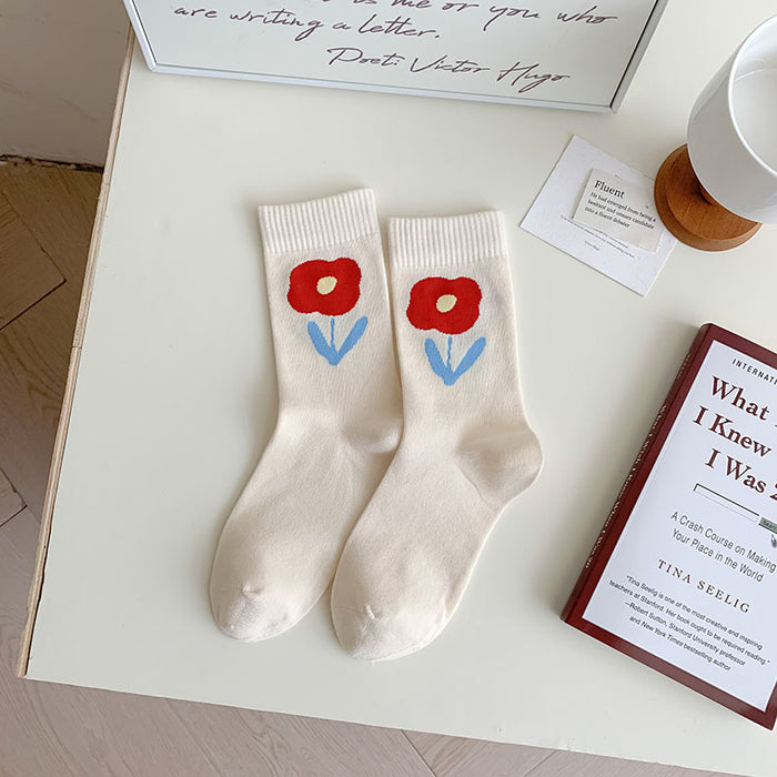 Wholesale Socks with small flower embroidery in the middle tube, versatile and trendy stacking socks