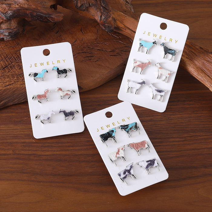 Wholesale Personalized animal series earrings set niche design cow,  sheep and horse spot alloy earrings
