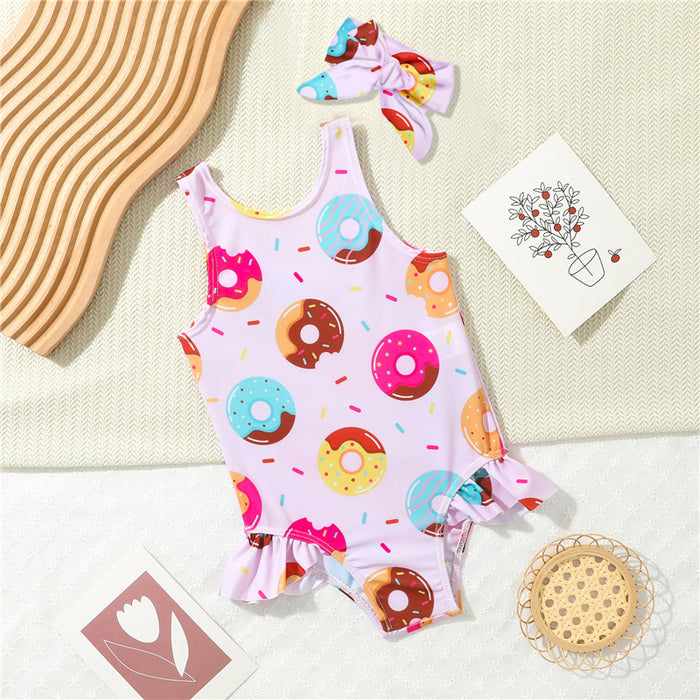 Wholesale Children's one-piece swimsuit cartoon printed girls' headband swimsuit