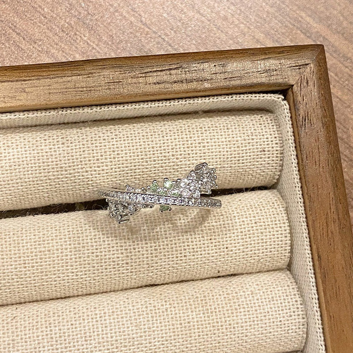 Wholesale Small niche luxury colored micro inlaid open ring with fashionable hollow flower temperament, layered wearing