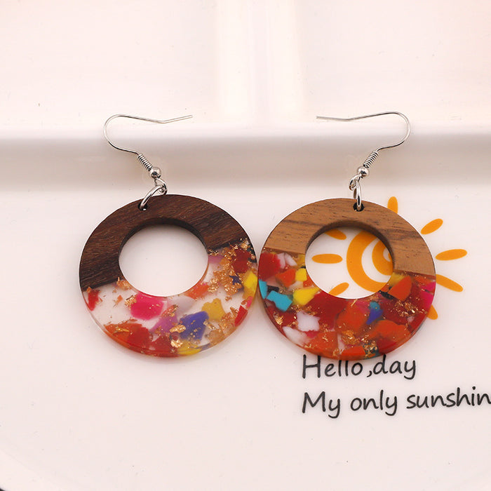 Wholesale Round Hollow Resin Crushed Natural Stone Gold Foil Wooden Earrings JDC-ES-Dagou002