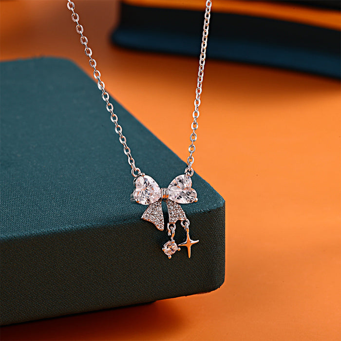 Wholesale Retro necklace with starry zircon bow, niche temperament, high-end feel, simple and luxurious necklace