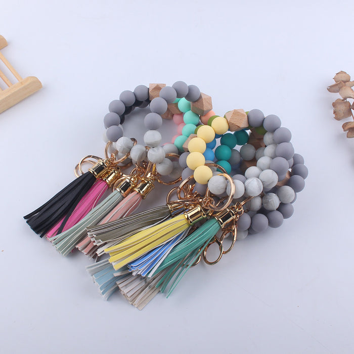 Wholesale Silicone Leather PU Short Tassel DIY Leopard Beaded Bracelet Keychains JDC-KC-GuangTian046