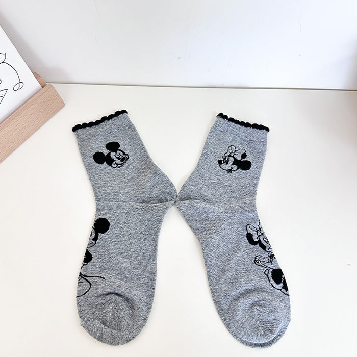 Wholesale Pure Cotton Black Mickey Socks Women's Mid-tube Socks Spring and Autumn All-match Cute Cartoon Ins Fashionable Socks