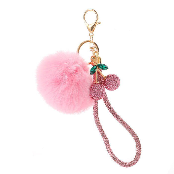 Wholesale Simulation Fruit Crystal Cherry Pom Pom Keychain with Rhinestone Decoration