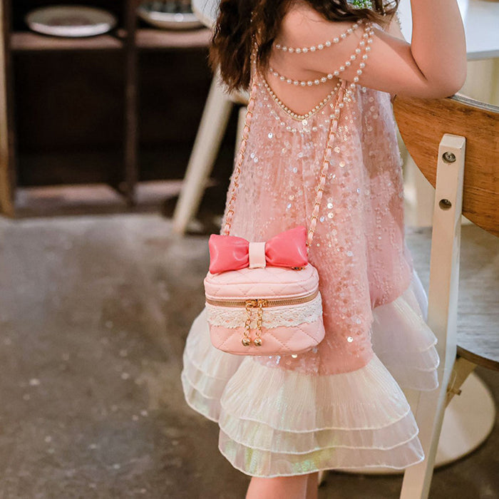 Wholesale Children's bag bow bucket bag cute contrasting color girl chain crossbody bag