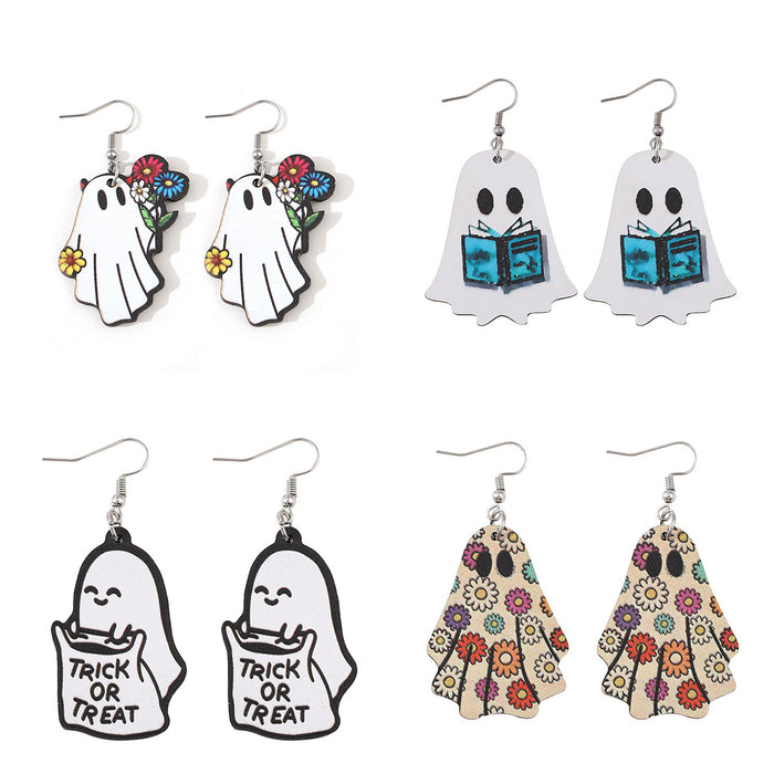 Wholesale  Gothic Style Cute Ghost Flower Book Pocket Ghost Pendant Wooden Double-Sided Earrings