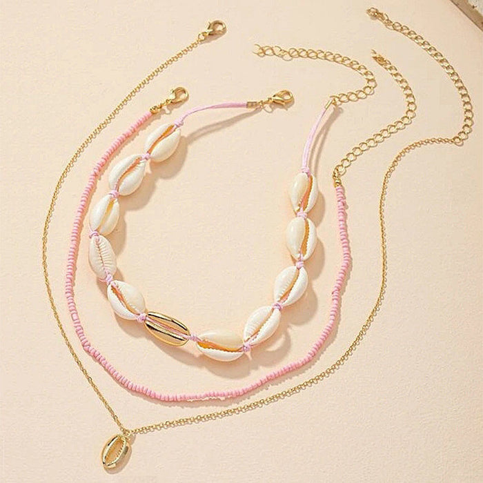Wholesale Multi layer shell necklace, women's fashionable rice bead necklace, collarbone chain set