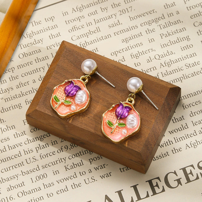 Wholesale Personalized enamel oil painting earrings, colorful earrings, pearl design earrings