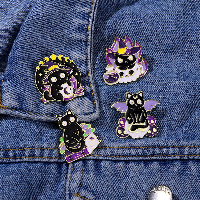 Wholesale Oil dripping alloy brooch black cat magician cat small animal schoolbag accessories clothes decoration cartoon badge
