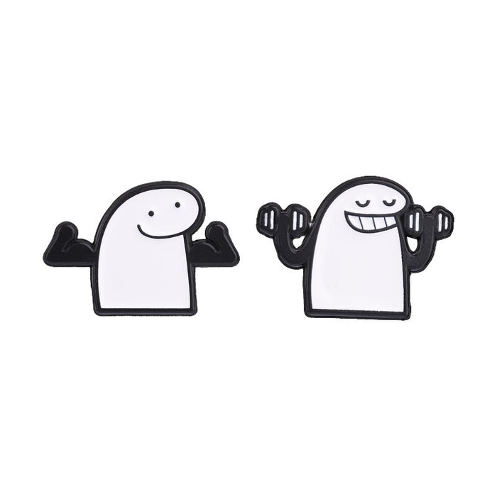Wholesale Funny Weightlifting Cartoon Enamel Brooch Pin Black White Minimalist Design Fashion Accessory