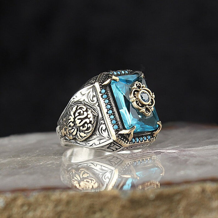 Wholesale Ethnic Style Texture Inlaid with Sea Blue Zircon Alloy Men's Ring JDC-RS-Yud026