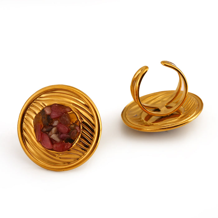 Wholesale New Fashionable Luxury Design Stainless Steel Circular Texture Set with Natural Stone Opening Ring and Earring Set