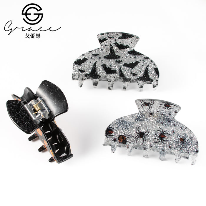 Wholesale Acrylic Claw Hair Clip With Bat Pumpkin Ghost Print Women S Fashion Accessory