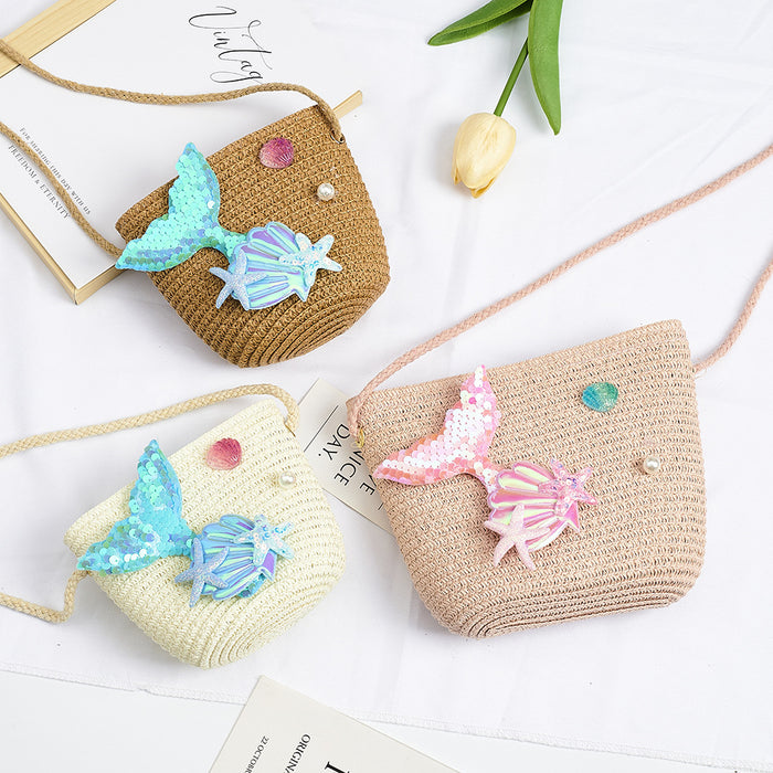Wholesale Straw Mermaid Crossbody Bag for Girls Cute Summer Beach Purse Resale Gift