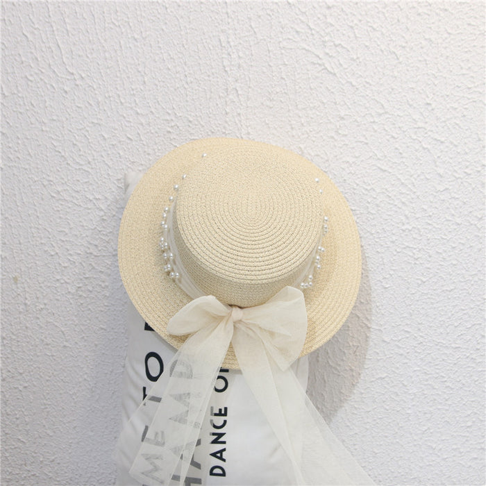 Wholesale Hat Women's Small Fresh Flat-top Straw Hat Pearl Bow Straw Sun Hat Beach Cool Hat