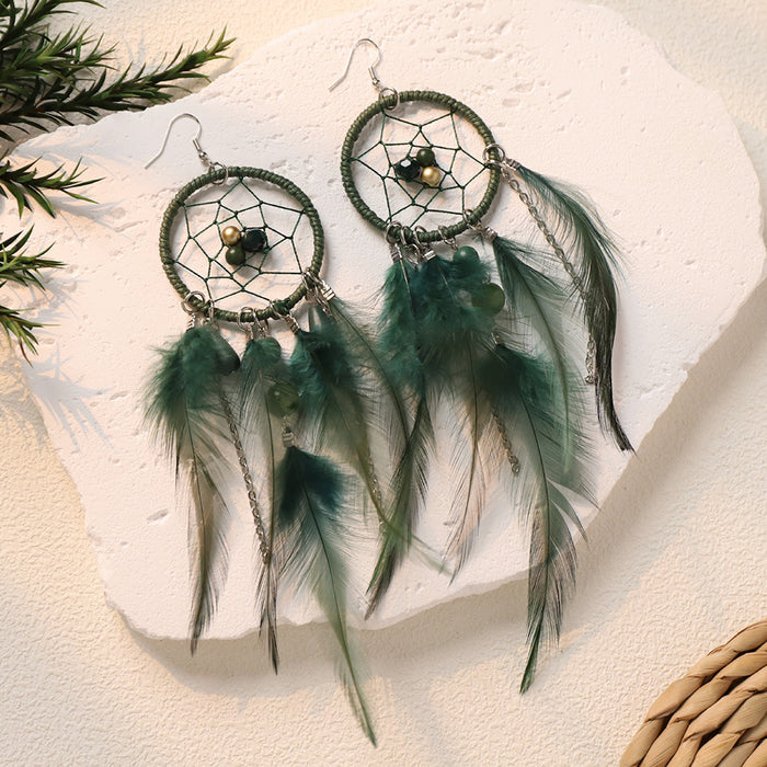Wholesale Feather Bohemian Dreamcatcher Tassel Earrings Handcrafted Fashion Accessory