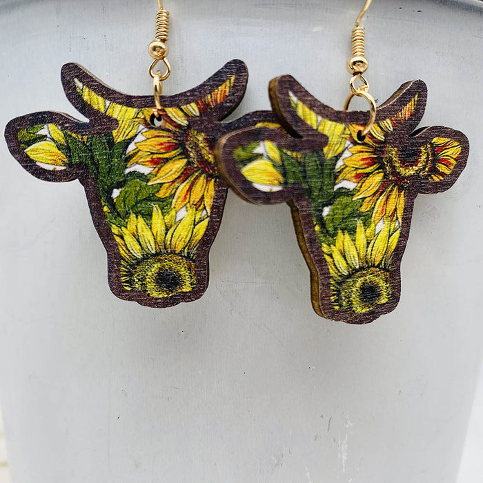 Wholesale Retro Wooden Earrings Western Denim Series Cowhead Sunflower Boho Earrings