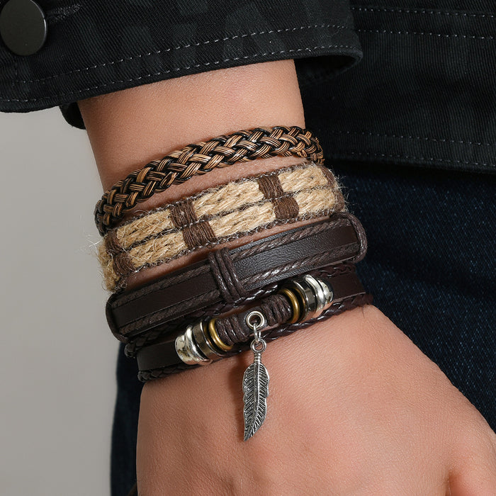 Wholesale New retro minimalist style feather alloy multi-layer leather pull-out 4-piece men's bracelet set