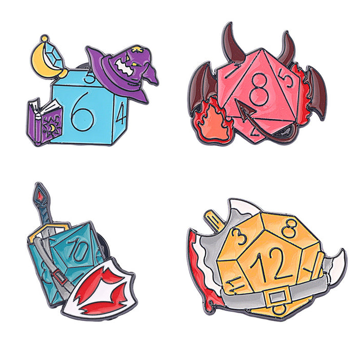 Wholesale Zinc alloy dice brooch twenty sided multi faceted metal badge with numbers