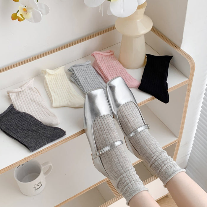 Wholesale Curled edge drawstring socks, stacked socks, middle tube cotton socks