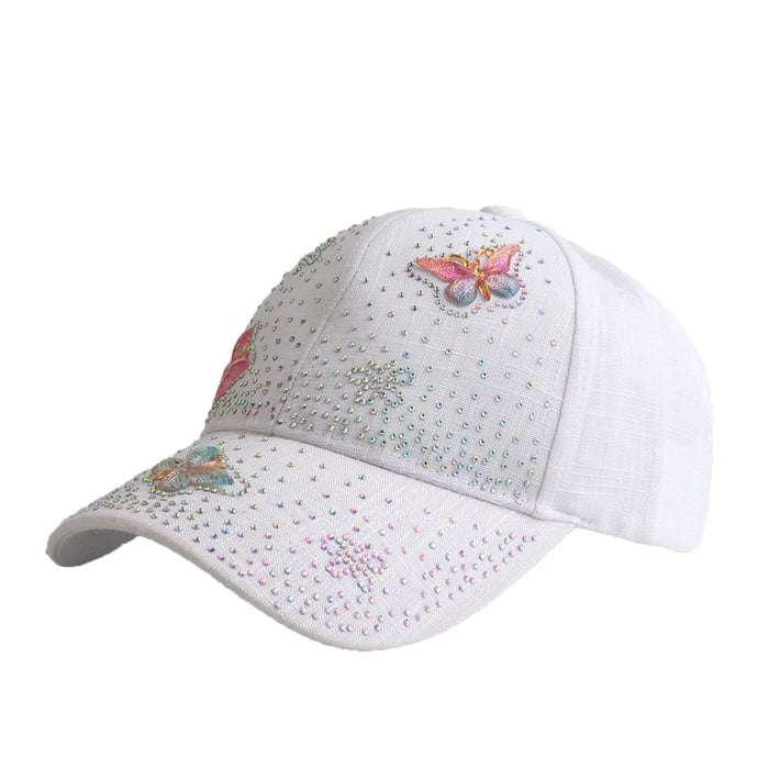 Wholesale Butterfly-studded rhinestone linen baseball cap for outdoor use