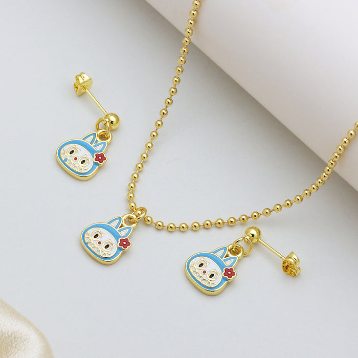 Wholesale Cartoon Pendant Necklace Ball Chain Brass Oil Drop Cute Earrings Lucky Cat Set