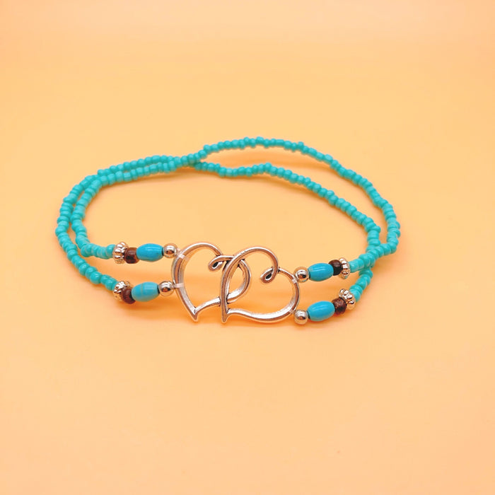 Wholesale Beach Vacation Style Double Heart Beaded Jewelry Set Alloy Necklace and Bracelet MOQ≥2