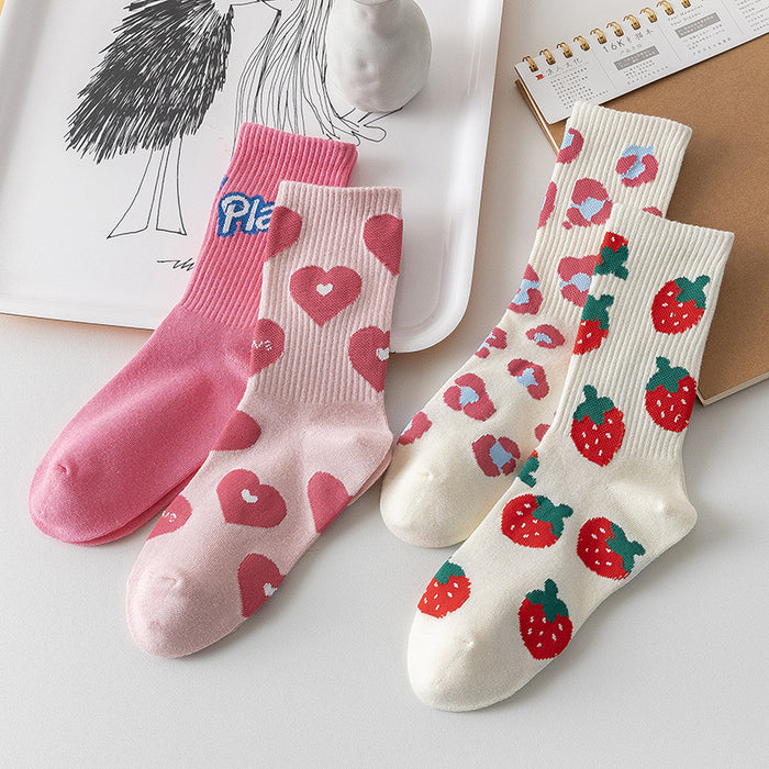 Wholesale Pink letter love strawberry socks, children's fashionable and versatile cute long socks, mid tube socks