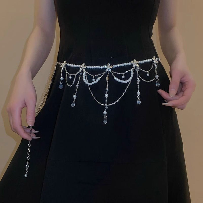 Wholesale Silver Flower Pearl Water Drop Tassel Waist Chain Accessible