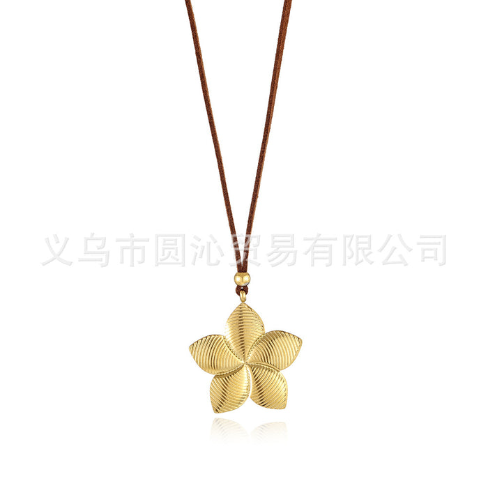 Wholesale Stainless steel retro long adjustable necklace, flower pendant, sweater chain accessory