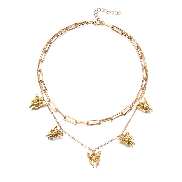 Wholesale Fashion and personalized double layered necklace with alloy butterfly thick chain pendant for accessories