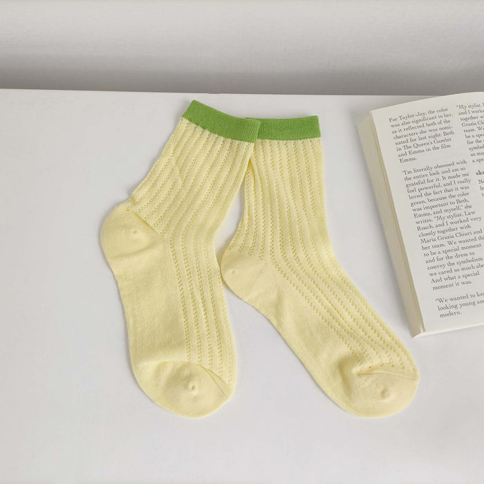 Wholesale Thin breathable cotton socks with hollowed out mesh eyes, tube socks, color blocked pile socks