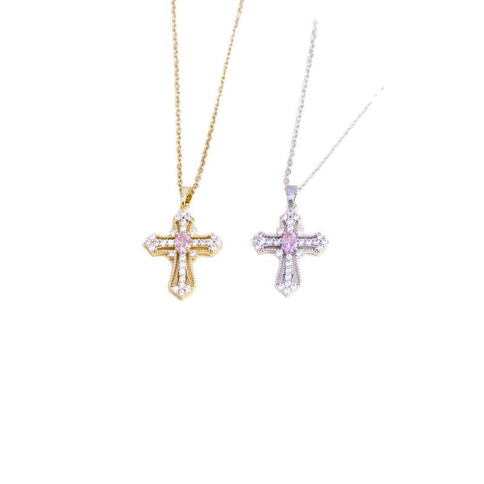 Wholesale Jewelry Cross Inlaid Diamond Necklace Cross border Pendant niche design Simple Fashion Versatile temperament Titanium Steel