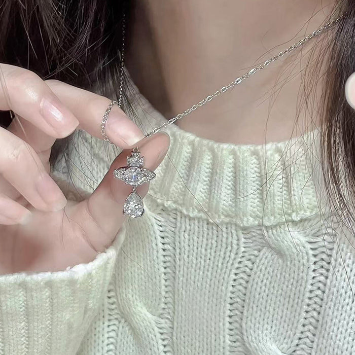 Wholesale   Saturn Necklace  Tears Diamond Pendant Necklace Women's Clavicle Chain