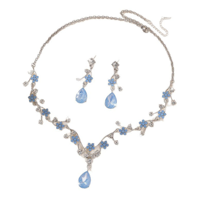 Wholesale Floral Blue Rhinestone Necklace and Earring Set Boutique MOQ≥2