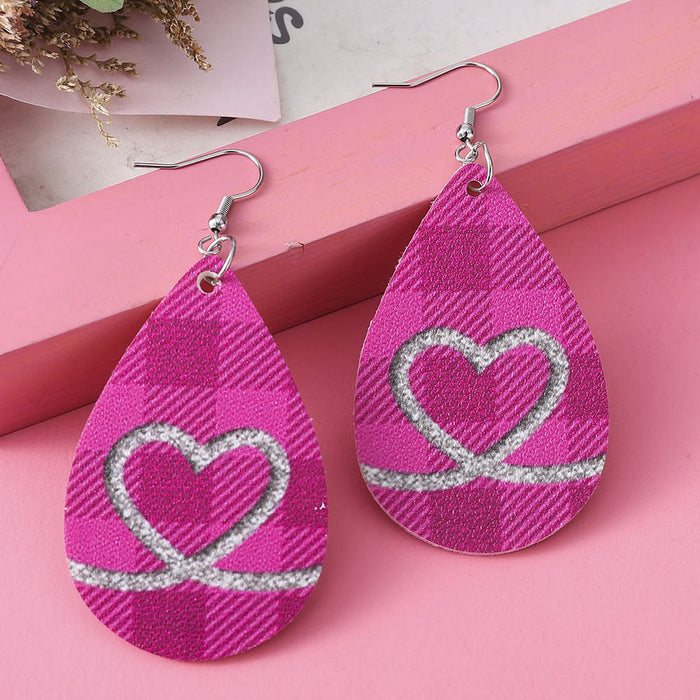 Wholesale Earrings PU Plaid Love Heart Double Sided Water Drop Earrings  JDC-ES-ChL009