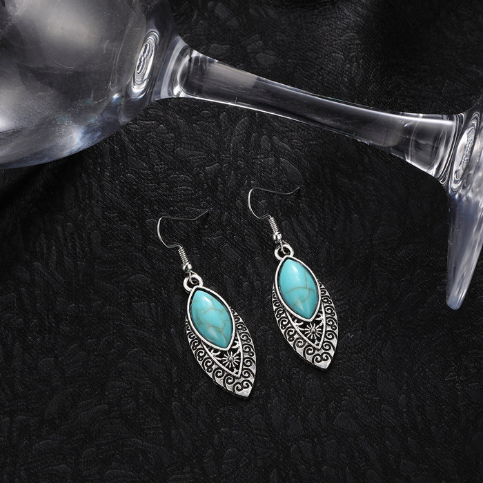 Wholesale Vintage turquoise oval carved openwork earrings