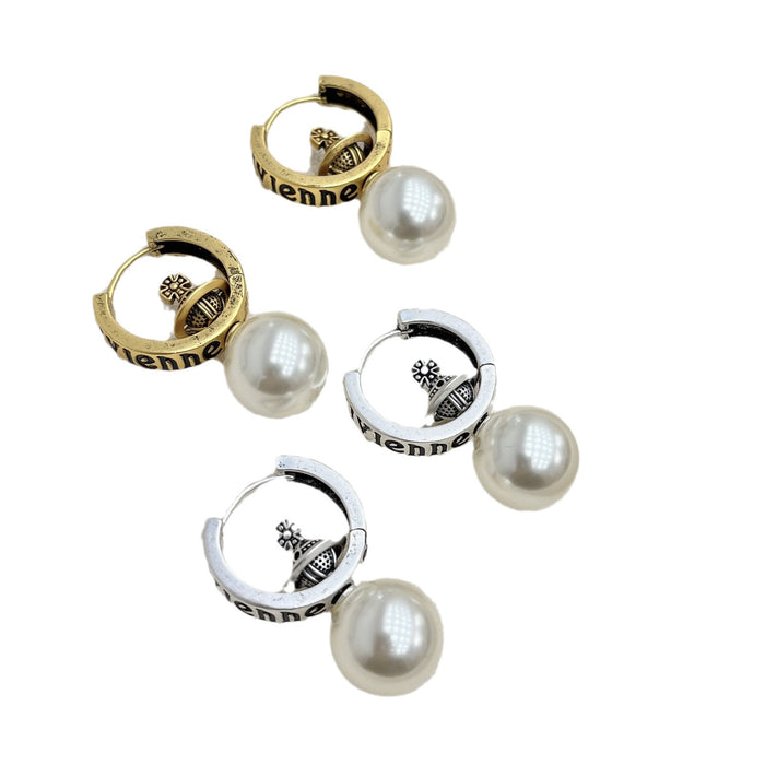 Wholesale medieval vintage distressed Saturn planet pearl ear buckle niche design earrings