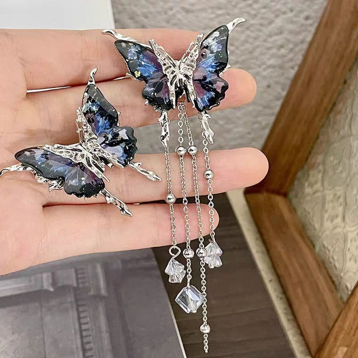 Wholesale Light luxury temperament, blue starry sky shining butterfly earrings, retro high-end feeling, crystal tassel asymmetrical exaggerated earrings