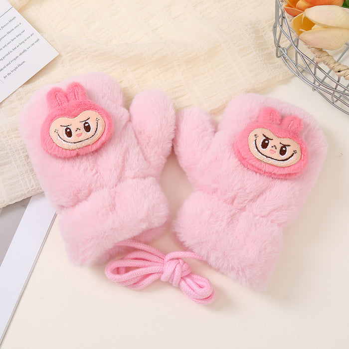 Wholesale Cute cartoon-style faux rabbit fur thickened kids' gloves with drawstring to prevent loss