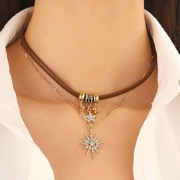 Wholesale  choker necklace brown leather necklace female niche Sun double-layer clavicle chain
