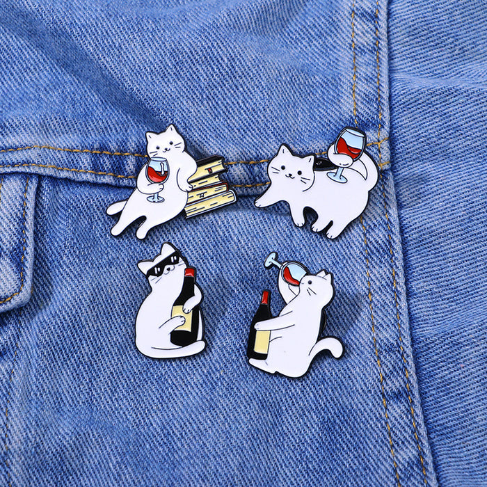 Wholesale Super cute cat cartoon badge personality cool white kitten drink red wine shape alloy enamel brooch