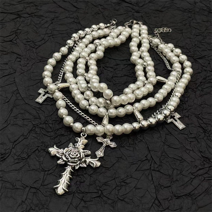 Wholesale Pearl Multi-layer Flower Cross Alloy Necklace JDC-NE-HanD001