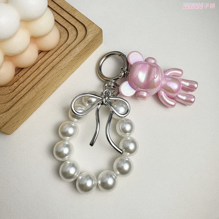 Wholesale Keychain Pendant Metal Shaped Bow Pearl Beaded Mobile Phone Hanging Accessories