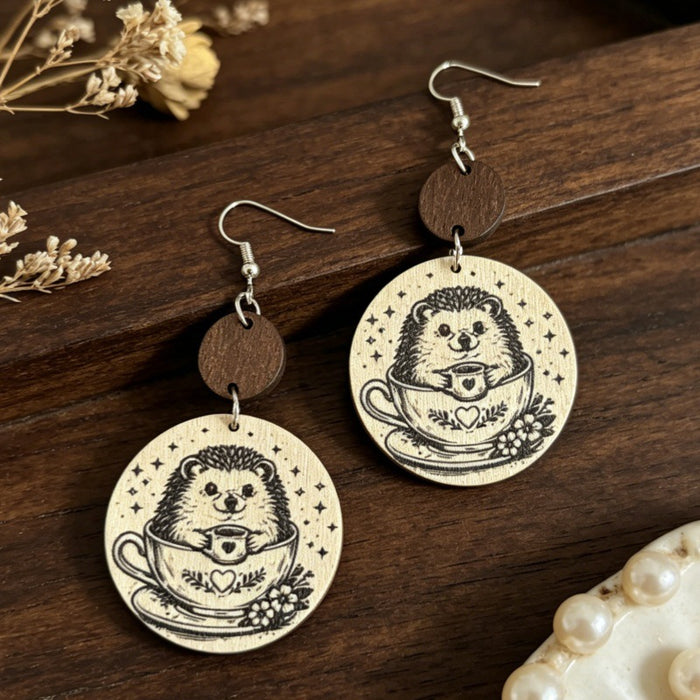 Wholesale Wood Hedgehog Print Drop Earrings Retro Star Pattern Fashion Accessory